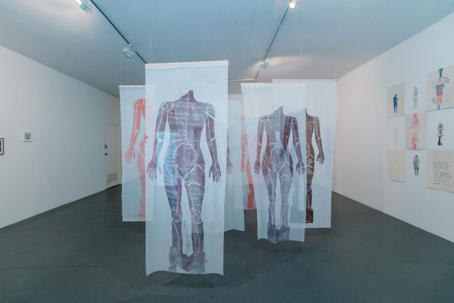 Figure 3: In Body, in time, lino print on fabric, Gallery 1, Trocadero Art Space, 2018. Image credit: Matto Lucas